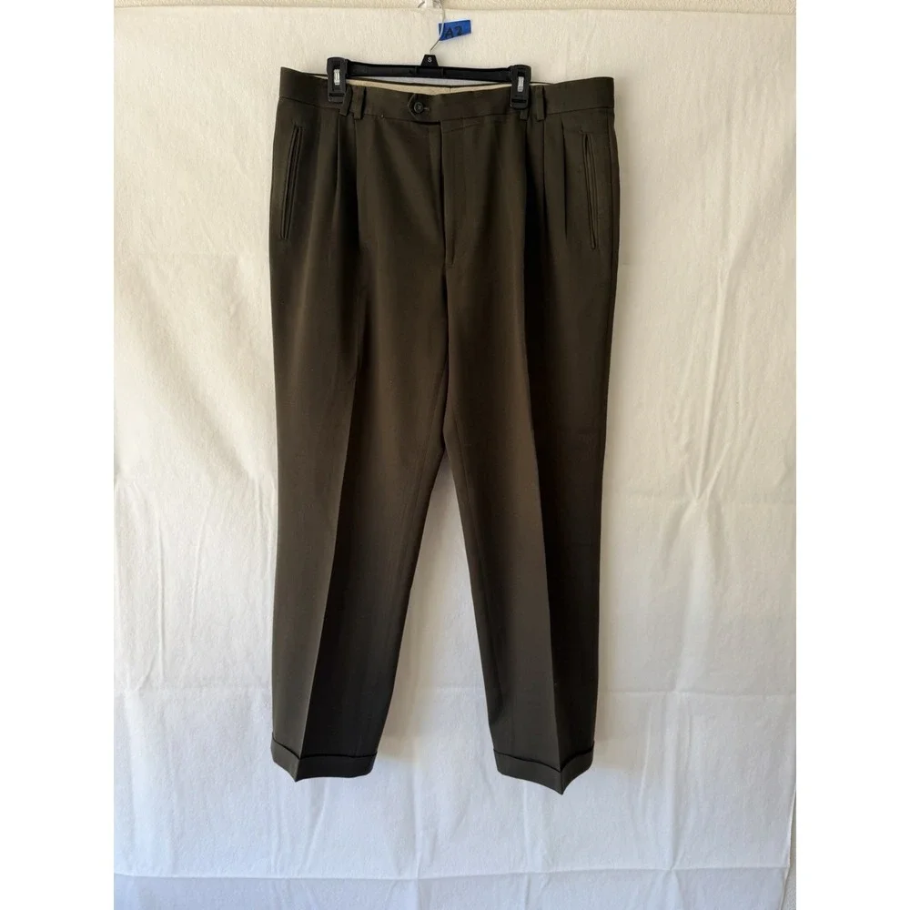 Luis Raphael Style Olive Green Dress Slacks Pleated Relaxed Fit Cuffed Hem 40